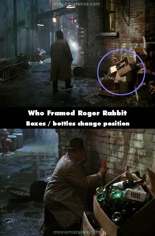 Phim Who Framed Roger Rabbit, cảnh Valiant đi qua đống rác và lại gần cửa sổ ở phía trước mặt, những chiếc hộp và chai lọ bên cạnh anh đã đuợc thay đổi vị trí.